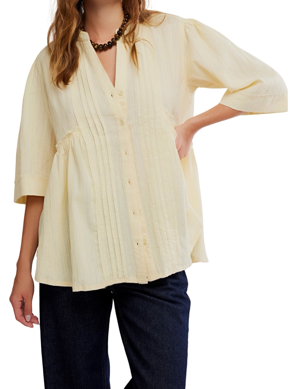 Women's light yellow Button-Front Pintuck Blouse